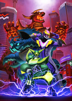 Rule 34 | 13am games, abs, aegis prime, atomic telekinetically-operated mecha, billboard, blood, blue eyes, breath weapon, breathing fire, building, canada, canadian flag, cannon, city, claws, cn tower, cyborg, dawn of the monsters, directed-energy weapon, electricity, elemental (creature), energy, energy cannon, energy gun, energy weapon, epic, fire, fire elemental, ganira, giant, giant monster, glowing, glowing eyes, green eyes, gun, horns, kaida yuji, kaiju, lava, lava blood, looking at viewer, mecha, megadon, monster, murasame eiji, muscular, nephilim (dawn of the monsters), official art, pincers, pink sky, promotional art, purple eyes, real world location, robot, sky, skyscraper, superhero costume, tail, tempest galahad, toronto, tower, wayforward, weapon, yellow eyes