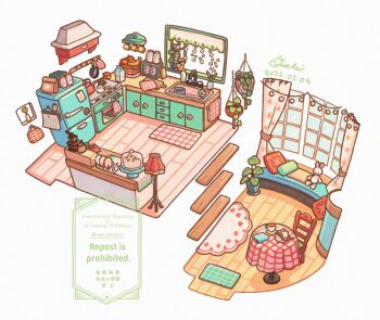 Rule 34 | apple, banana, bottle, cake, calendar (object), chair, coffee bag, coffee maker, commentary request, curtains, cutting board, dated, drawer, food, fruit, fruit basket, frying pan, indoors, kitchen, lamp, leaf, mochimura sorata, no humans, original, oven, pillow, plant, potted plant, refrigerator, round table, signature, simple background, sink, strawberry, stuffed animal, stuffed rabbit, stuffed toy, table, tablecloth, teapot, twitter username, watermark, white background, window, wooden floor