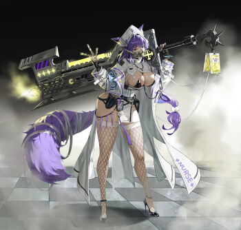 1girl absurdres animal_ear_fluff animal_ears armband axe belt black_background black_gloves black_shoes blood blood_bag blue_armband blue_eyes blush bobby_pin breasts clamp_(tool) cleavage coat commentary cross english_commentary english_text fingerless_gloves fishnet_thighhighs fishnets fox_ears fox_tail full_body gloves hair_ornament hat high_heels highres holding holding_axe holding_scalpel huge_weapon jjooxi large_breasts long_hair looking_at_viewer low-tied_long_hair mask name_tag nurse_cap original pelvic_curtain pen pom_pom_(clothes) pom_pom_hair_ornament purple_hair purple_tail respirator scalpel scissors shadow shoes shrug_(clothing) solo standing stethoscope tail tassel test_tube thighhighs tile_floor tiles very_long_hair waist_bag weapon white_coat white_hat white_shrug white_thighhighs x_x