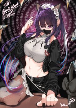 1girl absurdres animal_ears apron armpits artist_name bare_shoulders belt black_jacket black_mask black_nails black_shorts blunt_bangs blurry blurry_background breasts cat_ears character_name choker cocktail cocktail_glass commentary_request compressed_breasts cup drinking_glass english_text fake_animal_ears fingernails frilled_headwear glitch goddess_of_victory:_nikke gradient_background grey_shirt groin hair_intakes hand_on_table head_tilt highres jacket ko_uniii legs long_bangs long_fingernails long_hair looking_at_viewer maid maid_headdress mask medium_breasts midriff mixed-language_text mouth_mask purple_eyes purple_hair radial_gradient_background reflection shirt short_shorts shorts signature sin_(backstreet_dream)_(nikke) sin_(nikke) solo spiked_choker spikes text_background thighs unworn_jacket very_long_hair white_apron
