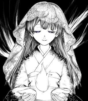 1girl commentary_request fire greyscale half-closed_eyes hands_up highres hitodama kajika_(kazika_mtk16) long_hair long_sleeves looking_down monochrome nijisanji obi obiage object_floating_above_hand parted_lips purple_eyes sash simple_background single_flame smile solo spot_color straight-on tsukino_mito tsukino_mito_(hyakumonogatari) upper_body veil virtual_youtuber
