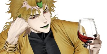 Rule 34 | 1boy, black nails, blonde hair, commentary, cup, dio brando, drinking glass, fingernails, green lips, highres, holding, holding cup, jojo no kimyou na bouken, light smile, lips, looking at viewer, male focus, mechimun jojo, medium hair, mismatched eyebrows, nose, red eyes, sharp fingernails, simple background, solo, stardust crusaders, white background, wine glass