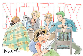 1girl 4boys black_hair blonde_hair chair curly_eyebrows dark-skinned_male dark_skin den_den_mushi earrings eating facial_scar food gold_earrings green_hair hair_over_one_eye hat jewelry looking_at_another monkey_d._luffy multiple_boys nami_(one_piece) nami_(one_piece)_(drum_island) netflix on_chair one_piece one_piece_(live_action) orange_hair popcorn rikichan214 roronoa_zoro sanji_(one_piece) scar scar_on_cheek scar_on_face short_sleeves snail straw_hat usopp
