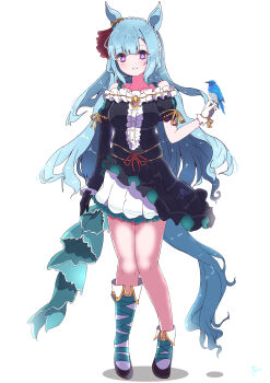 1girl 323mihumi absurdres animal_ears asymmetrical_footwear asymmetrical_gloves asymmetrical_sleeves bare_shoulders bird bird_on_hand black_dress black_gloves blue_hair blush boots bow braid breasts center_frills commentary_request crown_braid dress ear_ribbon frills full_body gloves highres horse_ears horse_girl horse_tail long_hair looking_at_viewer medium_breasts mejiro_ardan_(clinochlore_line)_(umamusume) mejiro_ardan_(umamusume) mismatched_footwear mismatched_gloves mismatched_sleeves off-shoulder_dress off_shoulder parted_lips purple_eyes simple_background smile solo standing tail umamusume uneven_footwear uneven_sleeves white_background white_boots white_gloves