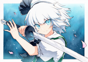 1girl black_bow black_bowtie black_hairband blue_eyes blue_theme blurry blurry_foreground border bow bowtie cherry_blossoms closed_mouth falling_petals fighting_stance foreshortening green_vest hair_bow hairband hand_to_weapon hands_up highres holding holding_sword holding_weapon konpaku_youmu light_particles outside_border ox_guard petals puffy_short_sleeves puffy_sleeves rinka_(qqqrinkappp) shirt short_hair short_sleeves solo sword touhou traditional_media upper_body vest weapon white_border white_hair white_shirt wind