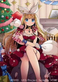 1girl blonde_hair blue_eyes blush breasts christmas_present christmas_tree closed_mouth copyright_notice dress gift headband holding holding_gift indoors kei_s01 long_hair looking_at_viewer medium_breasts official_art red_dress remember_(wixoss) sack santa_costume sidelocks smile solo thigh_strap very_long_hair white_headband wixoss