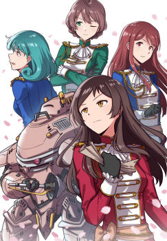 4girls absurdres aiguillette aki_(aoirowings) ascot black_gloves blue_jacket breasts brown_eyes brown_hair clenched_hand closed_mouth commentary_request epaulettes etoile_brilliant_(idolmaster) gloves green_eyes green_hair green_jacket highres holding holding_paper idolmaster idolmaster_million_live! idolmaster_million_live!_theater_days jacket kitazawa_shiho koubu long_hair long_sleeves multiple_girls official_alternate_costume paper red_eyes red_jacket robot sakura_taisen sakuramori_kaori short_hair tanaka_kotoha tokugawa_matsuri white_ascot white_background