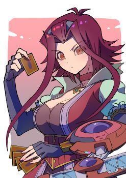 1girl absurdres blush breasts brooch brown_eyes card choker cleavage cross cross_necklace deck_of_cards dress duel_disk elbow_gloves fingerless_gloves gloves highres holding holding_card izayoi_aki jewelry looking_at_viewer medium_breasts necklace red_background red_hair smile upper_body white_background youko-shima yu-gi-oh! yu-gi-oh!_5d&#039;s