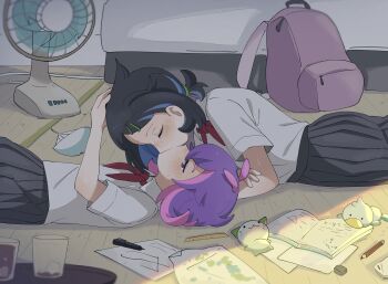 2girls backpack bag black_hair blush book closed_eyes commentary_request cup day dot_(pokemon) drawing_(object) drinking_glass electric_fan eraser hair_ornament hairclip hand_fan highres ice ice_cube indoors kiss liko_(pokemon) lying medium_hair multicolored_hair multiple_girls ni12345670 nintendo on_back on_floor parallel_hairclips pencil pokemon pokemon_(anime) pokemon_horizons purple_eyes purple_hair ruler school_uniform skirt stuffed_toy sunlight sweat two-tone_hair unworn_backpack unworn_bag vietnamese_commentary wooden_floor yuri