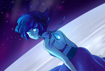 1girl blue_eyes blue_hair blue_skin closed_mouth colored_skin crying dress eyelashes highres hydrokinesis lapis_lazuli_(gemstone) lapis_lazuli_(steven_universe) looking_back night outdoors sitting skirt sky solo star_(sky) starry_sky steven_universe water