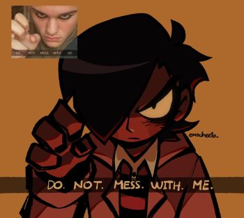 1boy black_hair black_nails brown_jacket claw_pose collared_shirt commentary dark-skinned_male dark_skin do._not._mess._with._me._(meme) emo_fashion emocheeto english_commentary english_text hair_over_one_eye highres jacket male_focus matthew_patel meme open_clothes open_jacket reference_inset scott_pilgrim_(series) shirt short_hair signature solo striped_clothes striped_shirt thick_lineart upper_body yellow_background