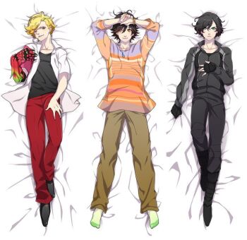 3boys angry ankh_(ooo) arms_up bad_id bad_pixiv_id bed bed_sheet black_gloves black_hair black_jacket black_pants black_shirt black_shoes blonde_hair brown_hair brown_pants curly_hair dakimakura_(medium) fingerless_gloves gloves goto_shintaro grabbing_sheets green_eyes green_socks grin hand_on_own_chest hands_up hino_eiji jacket jewelry kamen_rider kamen_rider_ooo_(series) long_shirt lying male_focus monster_hand multiple_boys necklace on_back on_bed one_eye_closed pants red_eyes red_pants ring shirt shoes short-sleeved_jacket short_hair short_sleeves smile smirk socks wavy_hair yellow_eyes
