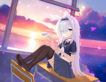 Rule 34 | 1girl, absurdres, blue archive, blue eyes, desk, feet, hair over one eye, hairband, highres, long hair, looking at viewer, metoprolol, plana (blue archive), school desk, see-through clothes, see-through legwear, smile, soles, thighhighs, toes, white hair