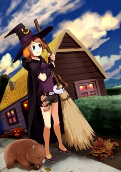 1girl animal animal_ears aqua_eyes broom brown_hair cloak cloud cojibou day female_focus halloween hat house leaf original pumpkin shorts smile solo witch_hat wombat