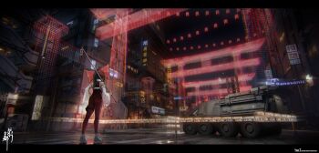 1girl 3d absurdres adapted_costume artist_name bare_shoulders black_hair bodysuit bow brand_name_imitation city contemporary crosswalk detached_sleeves english_text facing_away from_behind full_body gohei hair_bow hakurei_reimu highres holding holding_gohei large_bow long_hair military_vehicle mixed-language_text multiple_torii night ponytail red_bodysuit redden_wang shoes sneakers solo standing torii touhou wide_sleeves