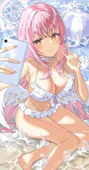 1girl ball bare_legs beach beachball bikini blue_archive breasts cleavage commentary_request halo highres holding holding_phone in_water lace_bikini large_breasts mika_(blue_archive) mika_(swimsuit)_(blue_archive) ocean phone pink_hair pink_halo roughllaugh selfie sitting swimsuit taking_picture v waves white_bikini wings yellow_eyes