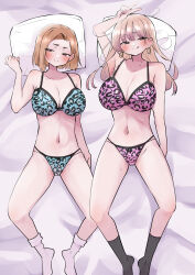 Rule 34 | 2girls, alternate hairstyle, animal print, aqua bra, aqua panties, arm up, bed sheet, black socks, blonde hair, blush, boku no kokoro no yabai yatsu, bra, breasts, brown eyes, cleavage, closed mouth, collarbone, colored tips, commentary, earclip, earrings, feet out of frame, from above, groin, gyaru, highres, hoop earrings, jewelry, large breasts, leopard print, light smile, long28, long hair, looking at viewer, lying, mole, mole on neck, mother and daughter, multicolored hair, multiple girls, multiple moles, naughty face, navel, official alternate hairstyle, on back, panties, pillow, pink bra, pink panties, print panties, short hair, socks, spread legs, string panties, thighs, tongue, tongue out, underwear, v, white socks, yamada anna, yamada sanae (bokuyaba)