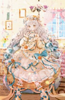 1girl animal_ear_hairband animal_ears animated animated_gif bare_shoulders bean_bag blinking blue_bow blue_choker blue_sky boots boqing_xiao_guafu bow carpet cat_ear_hairband cat_ears chinese_commentary choker commentary_request commission cupcake curtains dress ear_wiggle fake_animal_ears food food_wrapper footwear_bow frilled_choker frilled_dress frills full_body grey_hair hair_bow hair_ornament hairband hairclip heart heart_choker highres holding holding_food holding_spoon indoors long_dress long_hair long_sleeves looking_at_viewer looping_animation original paw_hair_ornament picture_frame puffy_long_sleeves puffy_sleeves sample_watermark single_stripe sky solo spoon standing striped_bow too_many_watermarks utensil_in_mouth very_long_hair watermark wavy_hair weibo_watermark window x_hair_ornament yellow_boots yellow_bow yellow_dress yellow_hairband