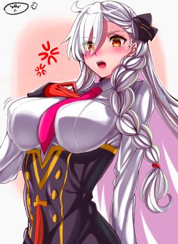 1girl asymmetrical_bangs blush braid breasts commentary_request earrings fate/grand_order fate_(series) gloves hair_between_eyes hair_ribbon high-waist_skirt highres jewelry large_breasts long_hair long_sleeves looking_at_viewer minchia_(wncm5544) necktie olga_marie_animusphere olga_marie_animusphere_(unbeast) open_mouth orange_eyes orange_gloves red_necktie ribbon shirt skirt solo very_long_hair white_hair white_shirt