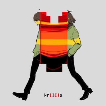 1other black_pants black_shoes brown_hair brown_shirt closed_mouth collared_shirt colored_skin deltarune exit_runaway expressionless grey_background hands_in_pockets highres kris_(deltarune) medium_hair pants shirt shoes simple_background soul_(deltarune) utdr_(toby_fox) walking yellow_skin