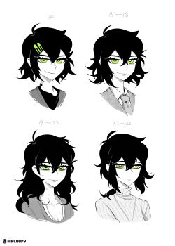 1girl absurdres age_progression ahoge aierlaobo antenna_hair breasts bright_pupils character_age cleavage closed_mouth collared_shirt commentary cropped_head cropped_shoulders crossed_bangs double-parted_bangs english_commentary frown green_eyes greyscale hair_between_eyes hair_ornament hairclip half-closed_eyes high_contrast highres jewelry jitome lips looking_at_viewer low_ponytail medium_hair monochrome multiple_views necklace necktie parallel_hairclips ponytail raised_inner_eyebrows renee_graves ribbed_sweater shirt short_hair sidelocks simple_background smile spot_color sweater the_coffin_of_andy_and_leyley turtleneck turtleneck_sweater twitter_username white_background