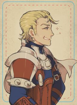1boy armor arthur_(fire_emblem_fates) blonde_hair blue_eyes commentary english_commentary facing_to_the_side fire_emblem fire_emblem_fates looking_to_the_side male_focus masterpidies nintendo smile turtleneck upper_body