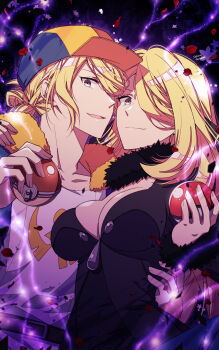 1boy 1girl artist_name baseball_cap belt black_belt blonde_hair breasts cleavage closed_mouth collarbone cynthia_(pokemon) falling_petals fur_collar grey_eyes hair_bun hand_on_another&#039;s_waist hat highres hisuian_poke_ball holding holding_poke_ball large_breasts long_hair looking_at_viewer nintendo parted_lips petals poke_ball poke_ball_(basic) pokemon pokemon_dppt pokemon_legends:_arceus sakura_tsubame shirt smile upper_body very_long_hair volo_(pokemon)