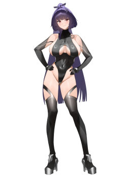Rule 34 | 1girl, absurdres, black gloves, black hair, black leotard, black thighhighs, breasts, closed mouth, commentary request, elbow gloves, full body, gloves, grey footwear, hair ornament, hands on own hips, high heels, highres, kurozawa yui, large breasts, leotard, long hair, looking at viewer, mole, mole under eye, ponytail, simple background, smile, solo, standing, star (symbol), star hair ornament, tatakau ni atai suru, thighhighs, white background, yamaguchi ryoko