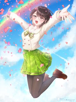 1girl arms_up blue_sky blunt_bangs blush bow bowtie breasts brown_hair brown_pantyhose brown_shoes buttons cloud colored_inner_hair double-breasted eyelashes falling_petals floral_print floral_print_skirt full_body glasses green_bow green_bowtie green_skirt grey-framed_eyewear grey_eyes highres jumping kurusu72me legs_up light_particles loafers long_sleeves looking_at_viewer medium_breasts miniskirt multicolored_hair nijisanji o/ open_mouth outstretched_arms pantyhose petals pink_hair pink_petals plaid_bow plaid_bowtie plaid_clothes pleated_skirt print_skirt rainbow sailor_collar semi-rimless_eyewear seto_miyako seto_miyako_(1st_costume) shirt shoes short_hair skirt sky solo spread_fingers teeth translation_request two-tone_hair upper_teeth_only virtual_youtuber white_sailor_collar white_shirt