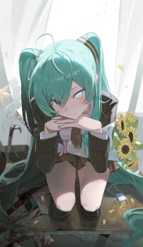 1girl absurdly_long_hair absurdres ahoge aqua_hair aqua_nails artist_name asymmetrical_eyes black_jacket blood bon_(bony_53) brown_necktie brown_skirt closed_mouth commentary_request fingernails flower full_body hatsune_miku head_rest heart heart_in_eye highres ima_sugu_rinne_(vocaloid) jacket long_hair looking_at_viewer miniskirt monitoring_(vocaloid) necktie pleated_skirt shirt side_part sitting skirt smile solo sunflower symbol_in_eye twintails very_long_hair vocaloid white_shirt