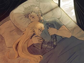 2boys ange_(angeban93) blonde_hair closed_eyes highres long_hair mechanical_arms multiple_boys pillow rex_(xenoblade) scar scar_on_face shulk_(xenoblade) sleeping tent xenoblade_chronicles_(series) xenoblade_chronicles_3 xenoblade_chronicles_3:_future_redeemed yaoi