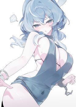 1girl absurdres ako_(blue_archive) ako_(dress)_(blue_archive) blue_archive blue_dress blue_eyes blue_hair blue_halo blush bracelet breasts chain cuffs dress evening_gown halo handcuffs highres jewelry large_breasts long_hair looking_at_viewer meunhongcha official_alternate_costume shackles sideboob sideless_dress sideless_outfit single_handcuff sleeveless sleeveless_dress solo