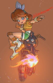 1girl artist_name bop_(2strokeserow) bow brown_background brown_hair earrings fingerless_gloves gloves green_shorts hair_bow highres jacket jewelry knee_pads long_hair looking_at_viewer mario_(series) mario_kart mario_kart_world motor_vehicle motorcycle nintendo orange_gloves orange_jacket princess_daisy princess_daisy_(touring) shoes shorts simple_background smile sneakers
