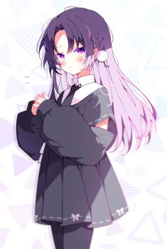 1girl black_dress black_necktie black_pantyhose blush collared_shirt commission detached_sleeves dress hair_ornament highres long_hair looking_at_viewer necktie original own_hands_together pantyhose pom_pom_(clothes) pom_pom_hair_ornament purple_eyes purple_hair shirt skeb_commission solo suisei_1121