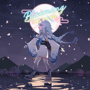1girl album_cover black_bridal_gauntlets blue_archive blue_hair braid bridal_gauntlets cherry_blossoms chise_(blue_archive) cover detached_sleeves english_text falling_petals from_side full_moon geta highres horns japanese_clothes kimono kimono_skirt long_hair long_sleeves low_twin_braids moon night obi obijime open_mouth petals profile red_eyes sailor_collar sash shuca_ca skin-covered_horns smile solo twin_braids very_long_hair walking walking_on_liquid water white_kimono white_sailor_collar wide_sleeves
