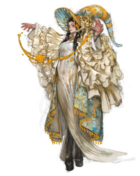 Rule 34 | 1girl, black hair, boots, breasts, closed eyes, clothing request, dress, frills, hair ornament, hat, large hat, long hair, magic, original, photoshop (medium), simple background, solo, sun symbol, tahra, white background, white dress, witch, witch hat