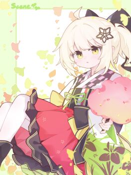 1girl ahoge arknights black_bow blonde_hair bow character_name commentary_request cotton_candy floral_print floral_print_kimono frilled_skirt frills green_eyes highres holding japanese_clothes kimono knees_up looking_at_viewer official_alternate_costume open_mouth ponytail print_kimono red_skirt scene_(arknights) scene_(betsushi)_(arknights) short_hair sitting skirt solo user_mynn4277 yellow_eyes