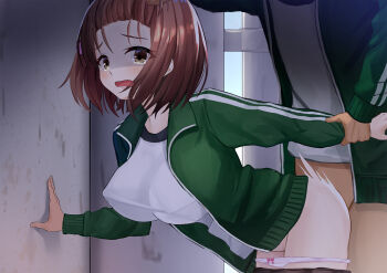 1boy 1girl arm_held_back bow bow_panties breasts brown_eyes brown_hair clothed_sex clothes_pull doggystyle forced from_side grabbing_another's_arm grabbing_another's_hair groping hair_ornament hetero highres holding_another's_hair holding_another's_wrist large_breasts molestation open_mouth original panties panty_pull sereiteru sex sex_from_behind short_hair solo_focus tagme tears underwear