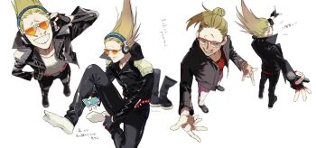 1boy :d belt bespectacled blonde_hair blurry boku_no_hero_academia boots casual costume crested_hair depth_of_field epaulettes facial_hair fingerless_gloves glasses gloves green_eyes grin hair_up headphones highres holding holding_phone jacket long_hair male_focus microphone multiple_views mustache on_floor open_mouth pants phone present_mic rivets shoes unworn_shoes simple_background smile standing sunglasses tabi text_messaging tinted_eyewear translation_request ura_musi white_background