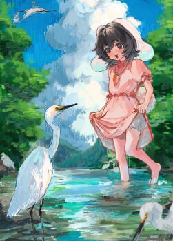1girl :3 :d absurdres animal_ears b_nosk101 bare_legs barefoot bird black_hair bloomers blush carrot_necklace cloud commentary cumulonimbus_cloud dress heron highres inaba_mob_(touhou) inaba_tewi jewelry looking_at_animal lop_rabbit_ears necklace open_mouth outdoors pink_dress pond puffy_short_sleeves puffy_sleeves rabbit_ears rabbit_girl rabbit_tail refraction short_hair short_sleeves skirt_hold smile solo tail touhou underwear wading white_bird white_bloomers white_rabbit_(animal)