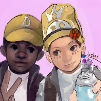 2boys badge baseball_cap black_eyes brown_eyes button_badge closed_mouth commentary dark-skinned_male dark_skin dual_persona english_commentary hat highres holding holding_spray_can inaba_masao jazinedraws looking_at_another looking_to_the_side male_focus multiple_boys official_alternate_skin_color persona persona_1 pink_background shirt signature simple_background spray_can upper_body v very_dark_skin white_shirt yellow_hat