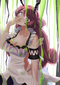 1girl absurdres antennae apron breasts demon_girl gula_(magicami) hand_on_own_face highres kyoumu_(mgcmkyomu) large_breasts liquid long_hair magicami multicolored_hair panties pink_hair twintails two-tone_hair underwear