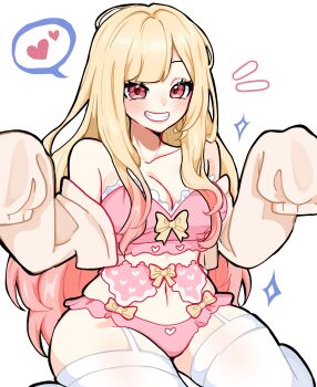 1girl absurdres bare_shoulders blonde_hair blush bra breasts cardigan cardigan_partially_removed cleavage collarbone colored_tips feet_out_of_frame garter_belt garter_straps gradient_hair grin heart highres kneeling large_breasts long_hair midriff miovartz multicolored_hair navel panties pink_bra pink_eyes pink_hair pink_panties sleeves_past_fingers sleeves_past_wrists smile solo sono_bisque_doll_wa_koi_wo_suru spoken_heart teeth thighhighs underwear white_background white_cardigan white_thighhighs
