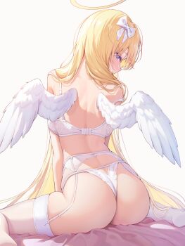 Rule 34 | 1girl, angel wings, arched back, ass, back, bare shoulders, blonde hair, blue eyes, bow, bra, breasts, commentary, feathered wings, from behind, garter belt, hair bow, halo, highres, kira (kira78718520), long hair, looking at viewer, looking back, median furrow, medium breasts, no shoes, original, panties, parted lips, profile, simple background, sitting, skindentation, solo, strap slip, thighhighs, underwear, underwear only, untranslatable commentary, very long hair, wariza, white background, white bra, white panties, white thighhighs, wings