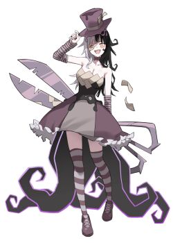 1girl adjusting_clothes adjusting_headwear alternate_costume alternate_hairstyle arm_behind_back arm_up arm_warmers black_corset black_dress black_hair breasts choker cleavage commentary corset dress eyepatch frilled_dress frills full_body grey_arm_warmers grey_dress grey_hair grey_thighhighs hair_over_shoulder hat highres holding holding_scissors hololive hololive_english horizontal-striped_clothes horizontal-striped_thighhighs huge_weapon invisible_floor large_breasts long_hair looking_at_viewer messy_hair multicolored_dress multicolored_hair open_mouth oversized_object profnote purple_arm_warmers purple_choker purple_dress purple_hat purple_shoes purple_thighhighs scissors sharp_teeth shiori_novella shoes simple_background smile solo split-color_hair standing strapless strapless_dress striped_arm_warmers striped_clothes striped_thighhighs teeth tentacle_clothes tentacles thighhighs tilted_headwear top_hat two-tone_arm_warmers two-tone_thighhighs virtual_youtuber weapon white_background white_hair yellow_eyes zettai_ryouiki