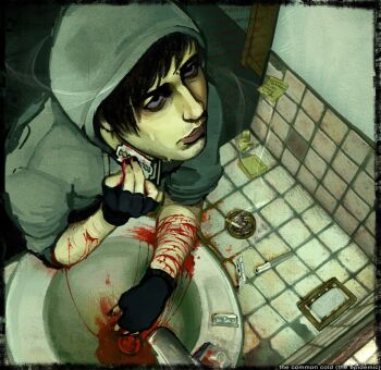 Rule 34 | 1boy, ashtray, bags under eyes, black eyes, black gloves, black hair, black nails, bleeding, blood, blood on hands, blood trail, cigarette, cry of fear, cryofqueer, english text, expressionless, fingerless gloves, from above, gloves, grey hoodie, highres, holding, holding razor, holding razor blade, hood, hood up, hoodie, indoors, male focus, parted lips, razor, razor blade, self-harm, shaving, short hair, simon henriksson, sink, sleeves rolled up, smoke, smoke trail, solo, sticky note, syringe, tile floor, tile wall, tiles, wrist cutting