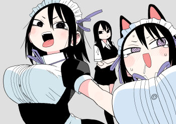 abe_tomomi animal_ears apron black_eyes black_hair black_skirt blush breasts cat_ears fake_animal_ears highres large_breasts maid maid_apron maid_headdress medium_hair open_mouth original purple_ribbon ribbon school_uniform skirt tongue tongue_out