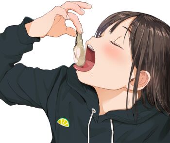 Rule 34 | 1girl, bad id, bad twitter id, black hair, closed eyes, eating, female focus, fingernails, highres, holding, inactive account, long sleeves, masuda (yousaytwosin), mole, mole under mouth, open mouth, original, oyster, simple background, solo, teeth, tongue, tongue out, upper body, white background