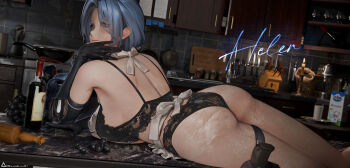 1girl absurdres apron artist_name bare_back black_bra black_panties blue_eyes blue_hair bottle bra breasts character_name commentary cup dp-12_(girls&#039;_frontline) drinking_glass elbow_gloves girls&#039;_frontline girls&#039;_frontline_2:_exilium gloves gun handgun helen_(girls&#039;_frontline_2) highres holster holstered kitchen large_breasts milk mp-443_grach nearly_naked_apron obsidian117 on_table panties powder sideboob solo table thigh_holster thigh_strap underwear underwear_only weapon white_apron wine_bottle wine_glass