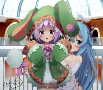 2girls absurdres ahoge animal_hood azur_lane blue_eyes blue_hair blush breasts closed_mouth commentary_request cosplay costume_switch date_a_live dress elbow_gloves gloves green_dress hiding hiding_behind_another highres himekawa_yoshino himekawa_yoshino_(cosplay) hood long_hair long_sleeves looking_at_viewer multiple_girls open_mouth petite purple_eyes purple_hair rabbit_hood rkartworks short_dress signature small_breasts unicorn_(azur_lane) unicorn_(azur_lane)_(cosplay) white_dress white_gloves